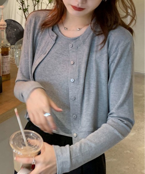 Mejoul（メジュール）の「【2点セット】リブカットカーディガン タンクトップ アンサンブルセット（ニット/セーター・レディース・ブラック/グレー・L/M）」の8枚目の写真