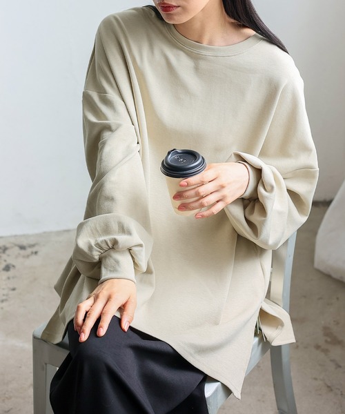 No Rule No Line（ノール－ルノーライン）の「オーバーサイズ プルオーバー 深めスリット入りロンT ビッグＴシャツ（Tシャツ/カットソー・レディース・オフホワイト/チャコールグレー/ベージュ系・FREE）」の20枚目の写真