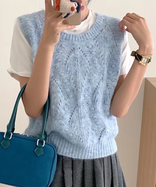 DAY CLOSET（デイ クローゼット）の「【重ねるだけでこなれ感】中厚手リブ編みニットベスト レディース（ベスト・レディース・イエロー/ホワイト/ライトグレー/ブルー・FREE）」の3枚目の写真