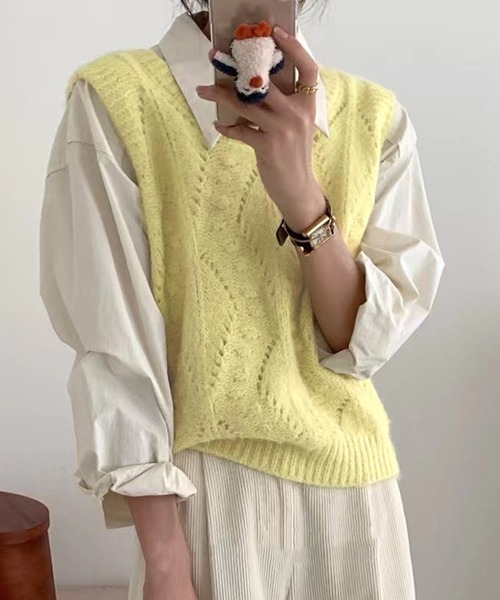 DAY CLOSET（デイ クローゼット）の「【重ねるだけでこなれ感】中厚手リブ編みニットベスト レディース（ベスト・レディース・イエロー/ホワイト/ライトグレー/ブルー・FREE）」の12枚目の写真
