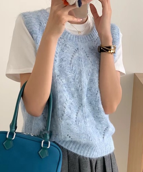 DAY CLOSET（デイ クローゼット）の「【重ねるだけでこなれ感】中厚手リブ編みニットベスト レディース（ベスト・レディース・イエロー/ホワイト/ライトグレー/ブルー・FREE）」の10枚目の写真