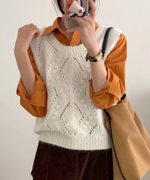 DAY CLOSET（デイ クローゼット）の「【重ねるだけでこなれ感】中厚手リブ編みニットベスト レディース（ベスト・レディース・イエロー/ホワイト/ライトグレー/ブルー・FREE）」の5枚目の写真