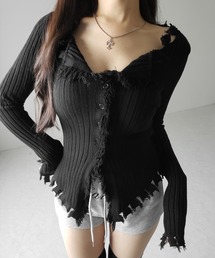 me+em select（ミームセレクト）の「【 ３color 】ダメージフリンジリブニットスリムカーディガン ／ damage fringe rib knit slim cardigan（カーディガン/ボレロ）」