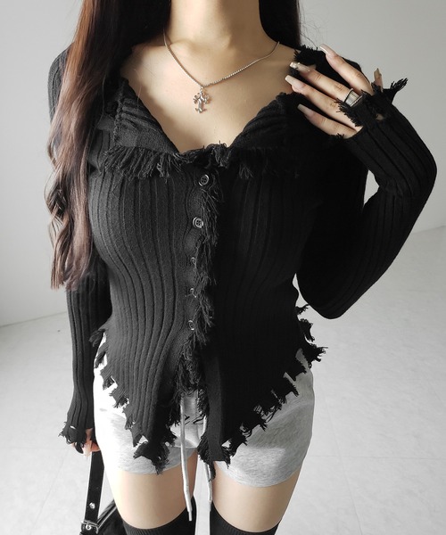 me+em select(ミームセレクト)の「【 新色追加!4color 】ダメージフリンジリブニットスリムカーディガン / damage fringe rib knit slim cardigan(カーディガン/ボレロ・レディース・ブラック/アイボリー/グレー/ライトグレー・FREE)」の15枚目の写真