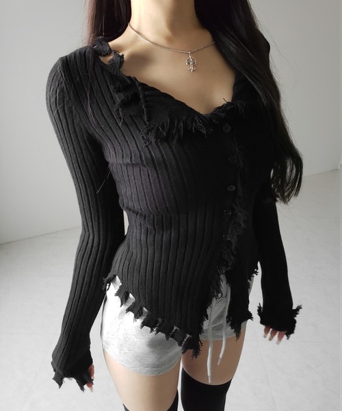 me+em select(ミームセレクト)の「【 新色追加!4color 】ダメージフリンジリブニットスリムカーディガン / damage fringe rib knit slim cardigan(カーディガン/ボレロ・レディース・ブラック/アイボリー/グレー/ライトグレー・FREE)」の17枚目の写真