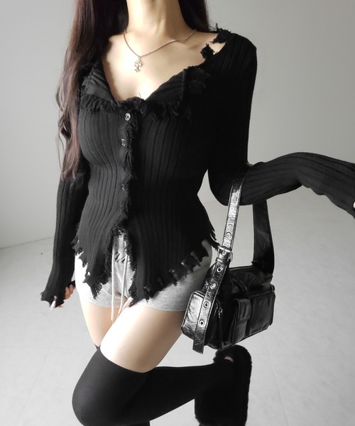 me+em select(ミームセレクト)の「【 新色追加!4color 】ダメージフリンジリブニットスリムカーディガン / damage fringe rib knit slim cardigan(カーディガン/ボレロ・レディース・ブラック/アイボリー/グレー/ライトグレー・FREE)」の19枚目の写真
