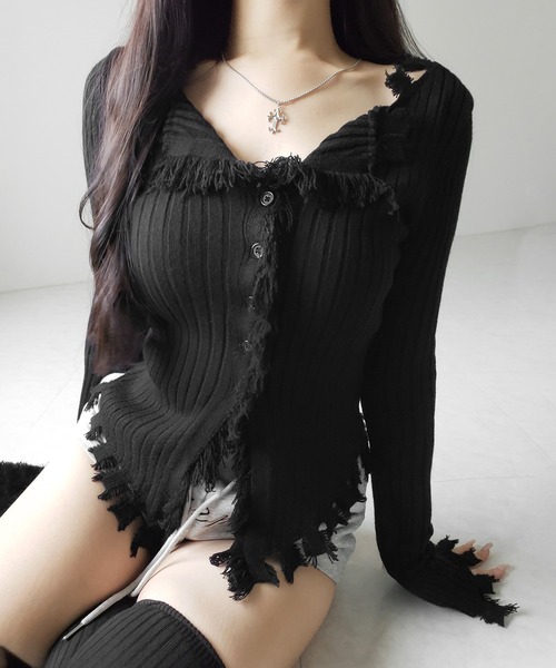 me+em select(ミームセレクト)の「【 新色追加!4color 】ダメージフリンジリブニットスリムカーディガン / damage fringe rib knit slim cardigan(カーディガン/ボレロ・レディース・ブラック/アイボリー/グレー/ライトグレー・FREE)」の20枚目の写真