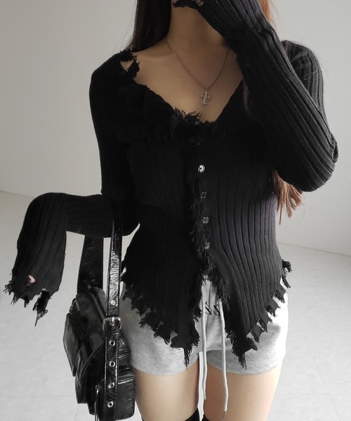 me+em select(ミームセレクト)の「【 新色追加!4color 】ダメージフリンジリブニットスリムカーディガン / damage fringe rib knit slim cardigan(カーディガン/ボレロ・レディース・ブラック/アイボリー/グレー/ライトグレー・FREE)」の22枚目の写真