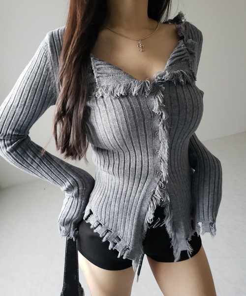 me+em select(ミームセレクト)の「【 新色追加!4color 】ダメージフリンジリブニットスリムカーディガン / damage fringe rib knit slim cardigan(カーディガン/ボレロ・レディース・ブラック/アイボリー/グレー/ライトグレー・FREE)」の9枚目の写真