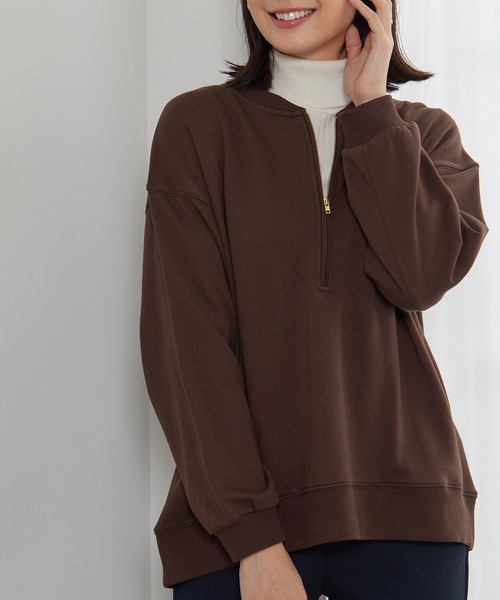 BELLUNA PLUS(ベルーナ)の「リブ使いハーフジップ裏毛プルオーバー(Tシャツ/カットソー・レディース・ブラウン/ライム/グレイッシュベージュ・LARGE/MEDIUM/X-LARGE)」の1枚目の写真