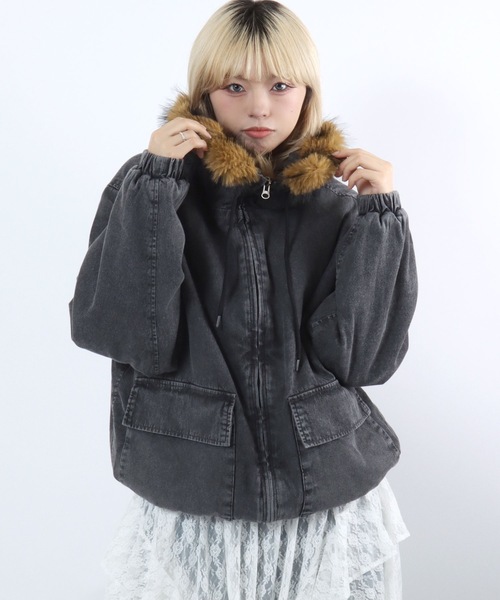 Salong hameu(サロン ハミュー)の「フードファー デニムジップアップパーカーブルゾン メンズ レディース ユニセックス/デニムジャケット(ブルゾン・メンズ・ブラック/ブルー・M/L/XL)」の4枚目の写真
