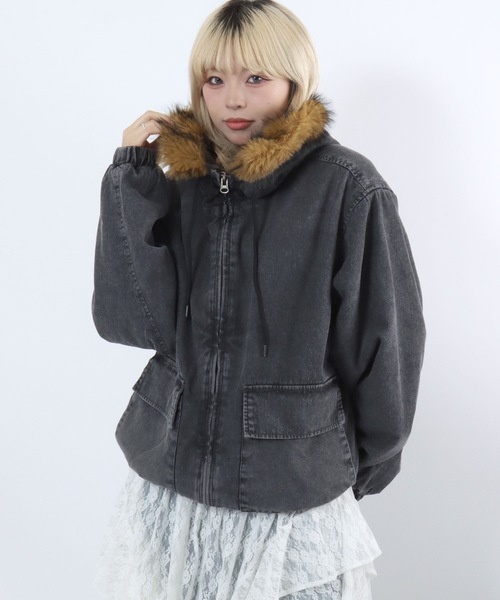 Salong hameu(サロン ハミュー)の「フードファー デニムジップアップパーカーブルゾン メンズ レディース ユニセックス/デニムジャケット(ブルゾン・メンズ・ブラック/ブルー・M/L/XL)」の5枚目の写真