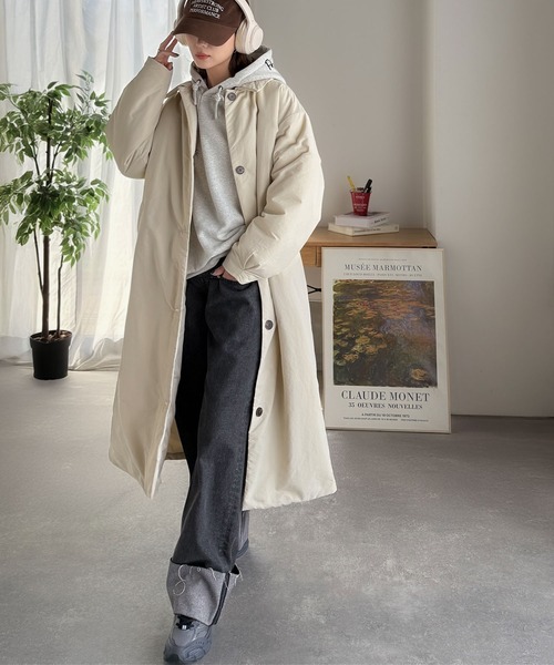 classicalelf（クラシカルエルフ）の「《marina×クラシカルエルフコラボ》ゆるっとダボっと大人の抜け感♪あたたか機能性アウター◎襟付き中綿ロングコート（ダウンジャケット/コート・レディース・ブラック/アイボリー・LARGE/MEDIUM/SMALL/X-LARGE）」の11枚目の写真