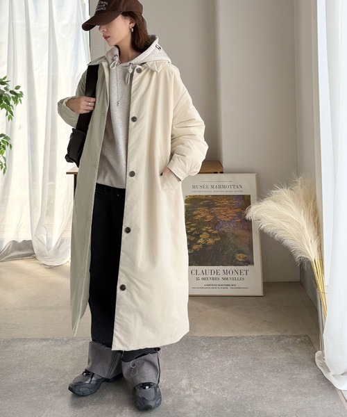 classicalelf（クラシカルエルフ）の「《marina×クラシカルエルフコラボ》ゆるっとダボっと大人の抜け感♪あたたか機能性アウター◎襟付き中綿ロングコート（ダウンジャケット/コート・レディース・ブラック/アイボリー・LARGE/MEDIUM/SMALL/X-LARGE）」の14枚目の写真