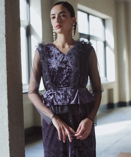 【オケージョン】チュールフリルベロアワンピース 結婚式 お呼ばれドレス 二次会 セール】【お呼ばれ・よそいき・結婚式・パーティー・オケージョン