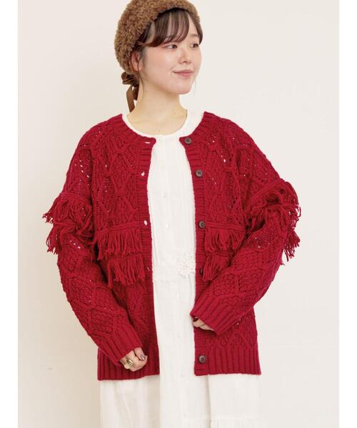 Samansa Mos2(サマンサ モスモス)の「【Fluffy Wool Blend】フリンジ前後2WAYニット(カーディガン/ボレロ・レディース・オフホワイト/ベージュ/レッド・F)」の2枚目の写真