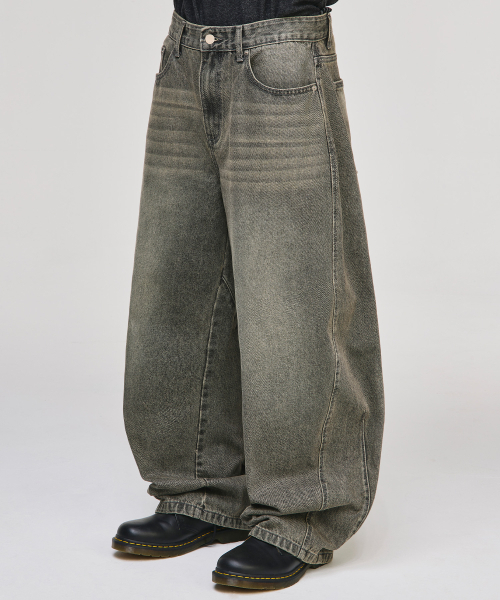セール】ツイストカーブデニムパンツ[ウォッシュドカーキ]（デニム