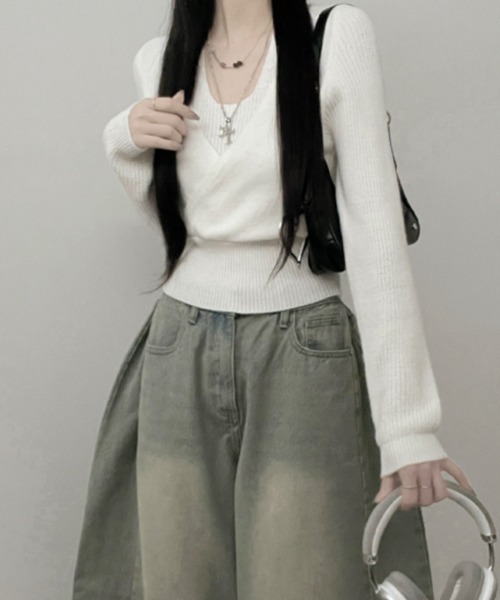 VIVID LADY（ビビッドレディー）の「レイヤード風 ホルターネック カシュクールニットプルオーバー（ニット/セーター・レディース・アイボリー/グレー/ブラウン/ブラック・FREE）」の5枚目の写真