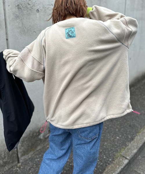 セール】配色フリースボア リブ切替ラグラントップス（スウェット