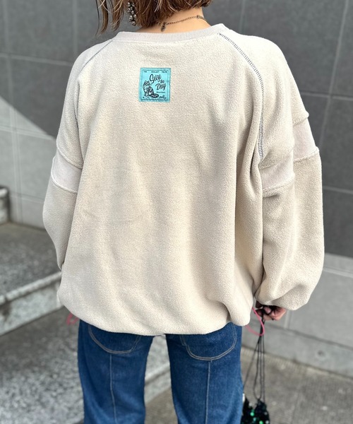 セール】配色フリースボア リブ切替ラグラントップス（スウェット