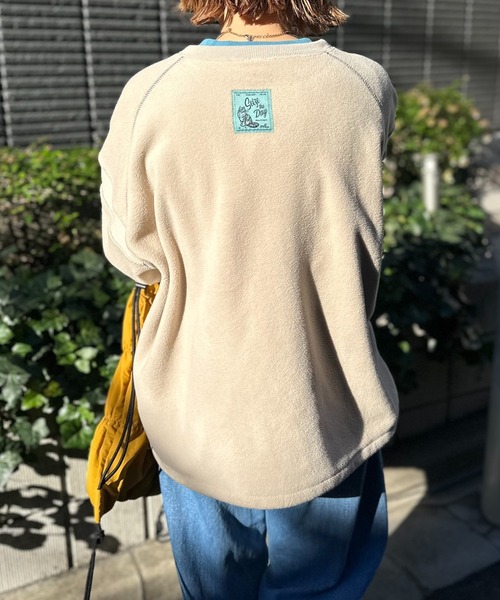 セール】配色フリースボア リブ切替ラグラントップス（スウェット