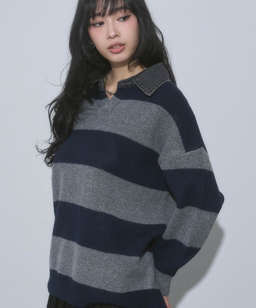 ENVYM(アンビー)の「デニム衿 ボーダー オーバーサイズ ニット(ニット/セーター・レディース・ブルー/ブラック/グレー・FREE)」の3枚目の写真