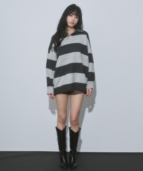 ENVYM(アンビー)の「デニム衿 ボーダー オーバーサイズ ニット(ニット/セーター・レディース・ブルー/ブラック/グレー・FREE)」の5枚目の写真