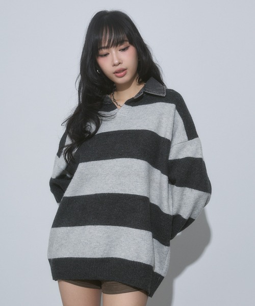 ENVYM(アンビー)の「デニム衿 ボーダー オーバーサイズ ニット(ニット/セーター・レディース・ブルー/ブラック/グレー・FREE)」の19枚目の写真