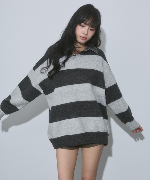 ENVYM(アンビー)の「デニム衿 ボーダー オーバーサイズ ニット(ニット/セーター・レディース・ブルー/ブラック/グレー・FREE)」の20枚目の写真