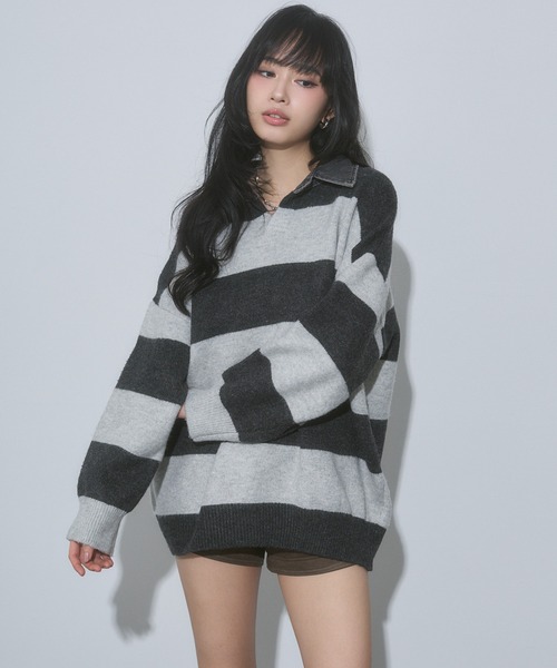 ENVYM(アンビー)の「デニム衿 ボーダー オーバーサイズ ニット(ニット/セーター・レディース・ブルー/ブラック/グレー・FREE)」の21枚目の写真