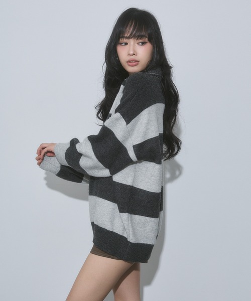 ENVYM(アンビー)の「デニム衿 ボーダー オーバーサイズ ニット(ニット/セーター・レディース・ブルー/ブラック/グレー・FREE)」の11枚目の写真