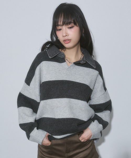 ENVYM(アンビー)の「デニム衿 ボーダー オーバーサイズ ニット(ニット/セーター・レディース・ブルー/ブラック/グレー・FREE)」の12枚目の写真