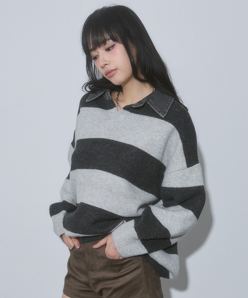 ENVYM(アンビー)の「デニム衿 ボーダー オーバーサイズ ニット(ニット/セーター・レディース・ブルー/ブラック/グレー・FREE)」の13枚目の写真