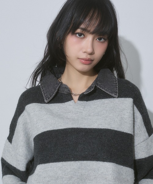 ENVYM(アンビー)の「デニム衿 ボーダー オーバーサイズ ニット(ニット/セーター・レディース・ブルー/ブラック/グレー・FREE)」の14枚目の写真