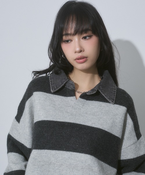 ENVYM(アンビー)の「デニム衿 ボーダー オーバーサイズ ニット(ニット/セーター・レディース・ブルー/ブラック/グレー・FREE)」の15枚目の写真