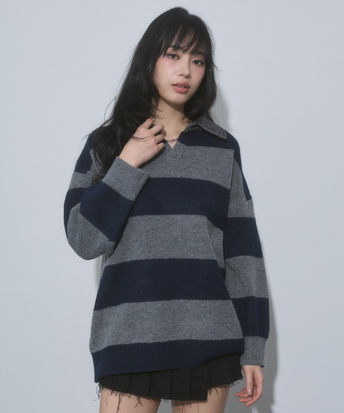 ENVYM(アンビー)の「デニム衿 ボーダー オーバーサイズ ニット(ニット/セーター・レディース・ブルー/ブラック/グレー・FREE)」の6枚目の写真