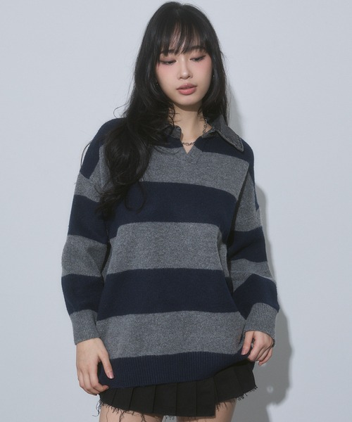 ENVYM(アンビー)の「デニム衿 ボーダー オーバーサイズ ニット(ニット/セーター・レディース・ブルー/ブラック/グレー・FREE)」の7枚目の写真