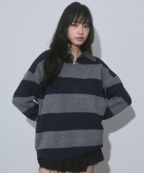 ENVYM(アンビー)の「デニム衿 ボーダー オーバーサイズ ニット(ニット/セーター・レディース・ブルー/ブラック/グレー・FREE)」の8枚目の写真