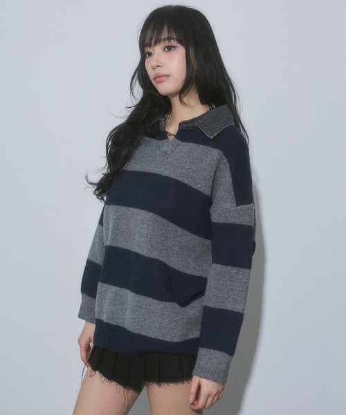 ENVYM(アンビー)の「デニム衿 ボーダー オーバーサイズ ニット(ニット/セーター・レディース・ブルー/ブラック/グレー・FREE)」の9枚目の写真