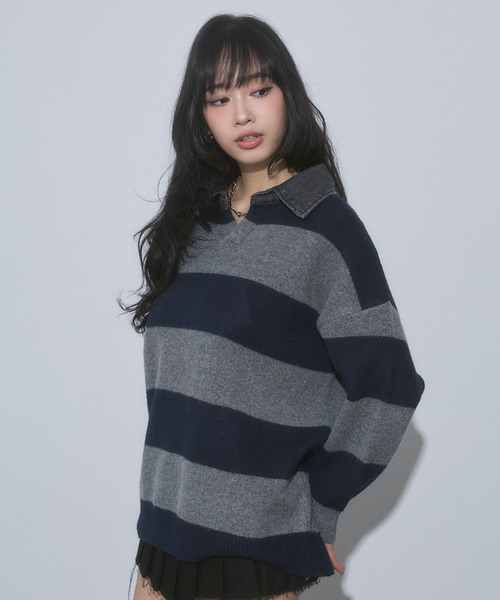 ENVYM(アンビー)の「デニム衿 ボーダー オーバーサイズ ニット(ニット/セーター・レディース・ブルー/ブラック/グレー・FREE)」の10枚目の写真