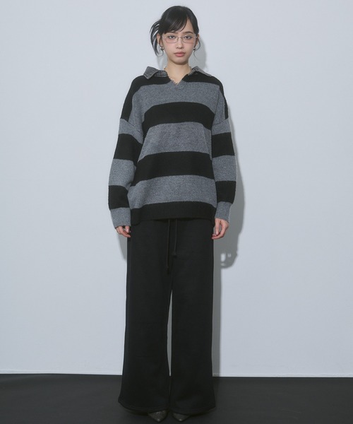 ENVYM(アンビー)の「デニム衿 ボーダー オーバーサイズ ニット(ニット/セーター・レディース・ブルー/ブラック/グレー・FREE)」の18枚目の写真