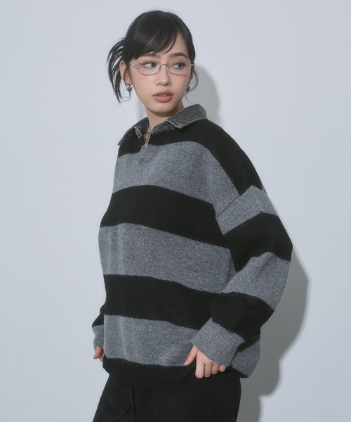 ENVYM(アンビー)の「デニム衿 ボーダー オーバーサイズ ニット(ニット/セーター・レディース・ブルー/ブラック/グレー・FREE)」の22枚目の写真