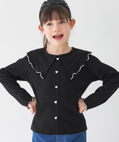 coca(coca)(コカ)の「キッズ リブハートボタントップス(Tシャツ/カットソー・キッズ・ブラック/アイボリー・120/130/140/150)」の1枚目の写真