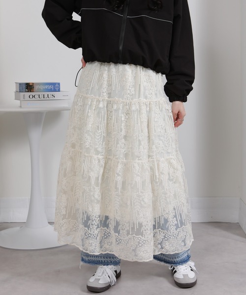 セール】刺繍レース ティアードロングスカート（スカート）｜pumpkin