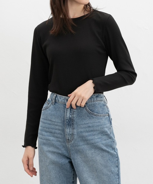 Honeys(ハニーズ)の「リブクルーネックTシャツ(Tシャツ/カットソー・レディース・アイボリー/グレイッシュベージュ/ブラック/ブルー・L/M/LL/S)」の1枚目の写真
