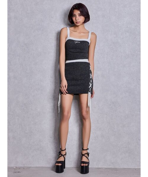 GYDA（ジェイダ）の「フロントレースアップラメニットスカートライクショートパンツ（スカート・レディース・ブラック/ネイビー/ピンク・FREE）」の6枚目の写真