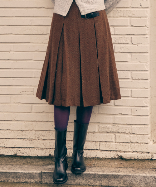 WOOL BLENDED PLEATS SKIRT BROWN