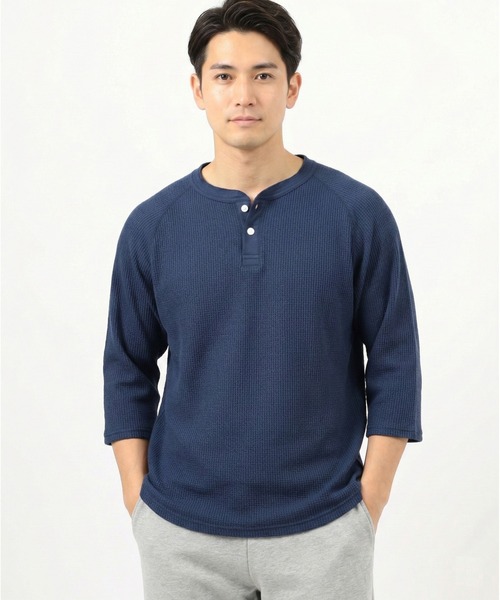 ALWAYS GOOD TIME(オルウェイズグッドタイム)の「【JEMORGAN / ジェーイーモーガン】ワッフルヘンリーネック7分袖Tシャツ(Tシャツ/カットソー・メンズ・ホワイト/カーキ/ナチュラル/杢グレー/ネイビー/ブラック・S/XL/L/M)」の6枚目の写真