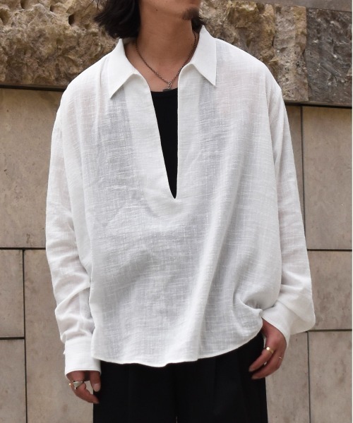 Noen(ノエン)の「リネンライクガーゼスキッパーシャツ(シャツ/ブラウス・メンズ・ブラック/アッシュブラウン/ホワイト・LARGE/MEDIUM)」の1枚目の写真