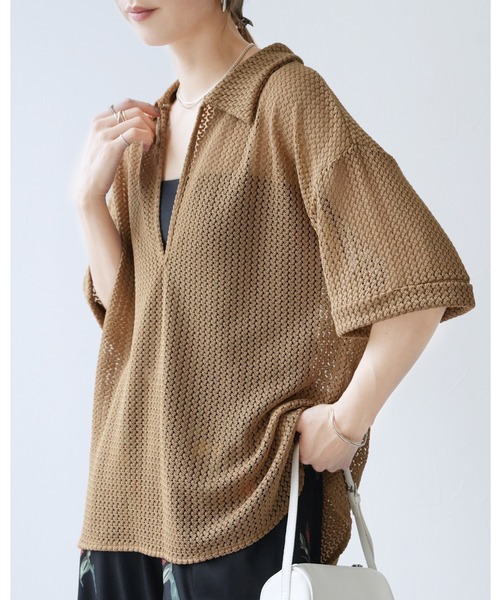 reca（レカ）の「メッシュレース襟付きヘンリープルオーバー（Tシャツ/カットソー・レディース・ブラック/モカ・M）」の2枚目の写真